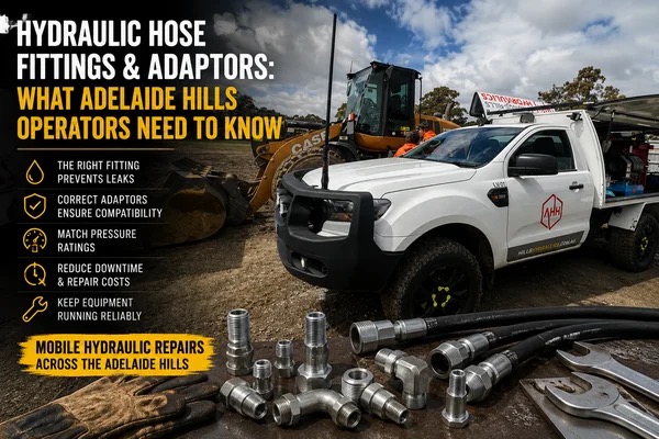 Hydraulic hose fittings arranged on dirt with a service truck in the background; bold headline reads 'Hydraulic Hose Fittings & Adapters: What Adelaide Hills Operators Need to Know'