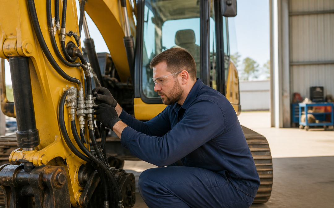 Hydraulic technician inspecting hose connections on a yellow excavator in a workshop.