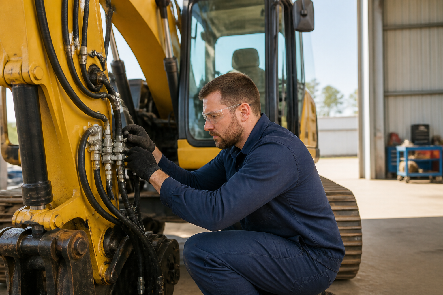 Hydraulic technician inspecting hose connections on a yellow excavator in a workshop.
