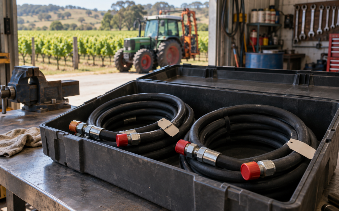 Capped spare hydraulic hose assemblies stored in a workshop box with vineyard machinery in the background